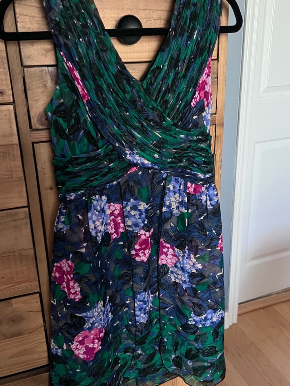 Anthropologie Anna Sui Sleeveless Floral Wrap-Style Dress in Green, Navy & Pink